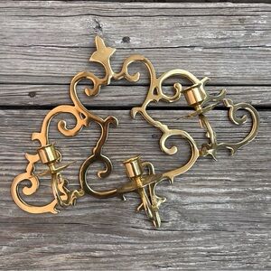 Vintage Brass Wall Sconce Candle Holder Patina Scrollwork MCM